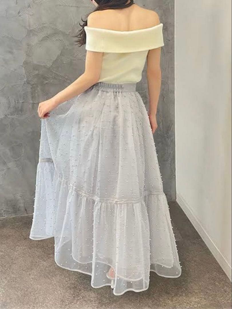 美品✨eimy istoire パールスタッズボリュームフレアスカート ブルー