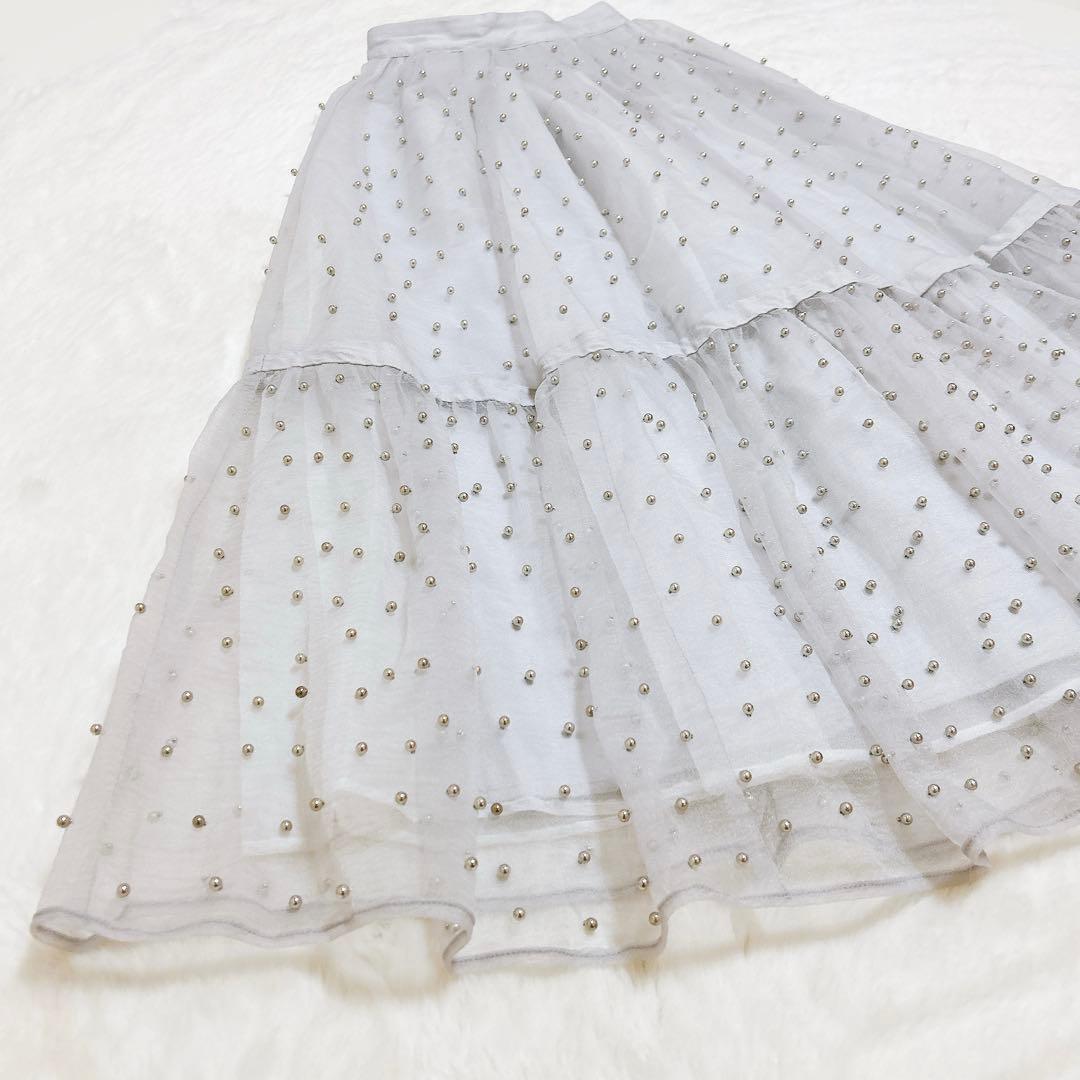 美品✨eimy istoire パールスタッズボリュームフレアスカート ブルー