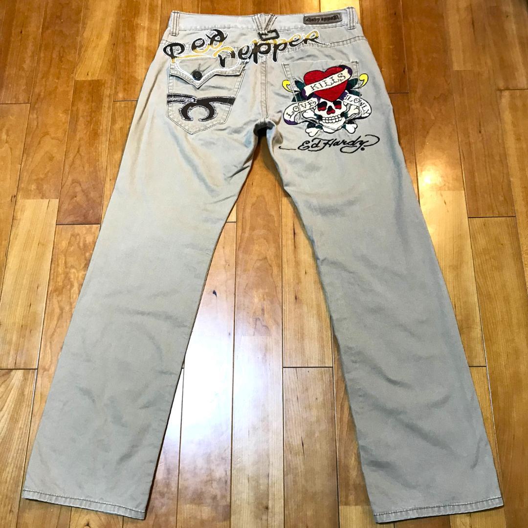 メンズ【美品 Red Pepper Ed Hardy】32 刺繍 スカル タトゥ