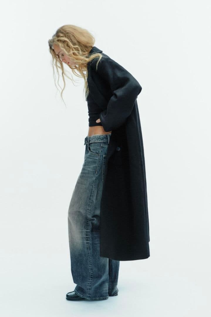 ZARA ウール混紡エクストラロングコートブラック ダブルブレスト ロングコート
