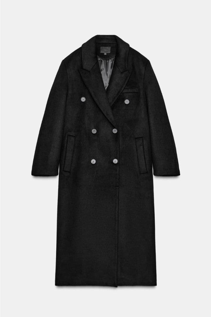ZARA ウール混紡エクストラロングコートブラック ダブルブレスト ロングコート