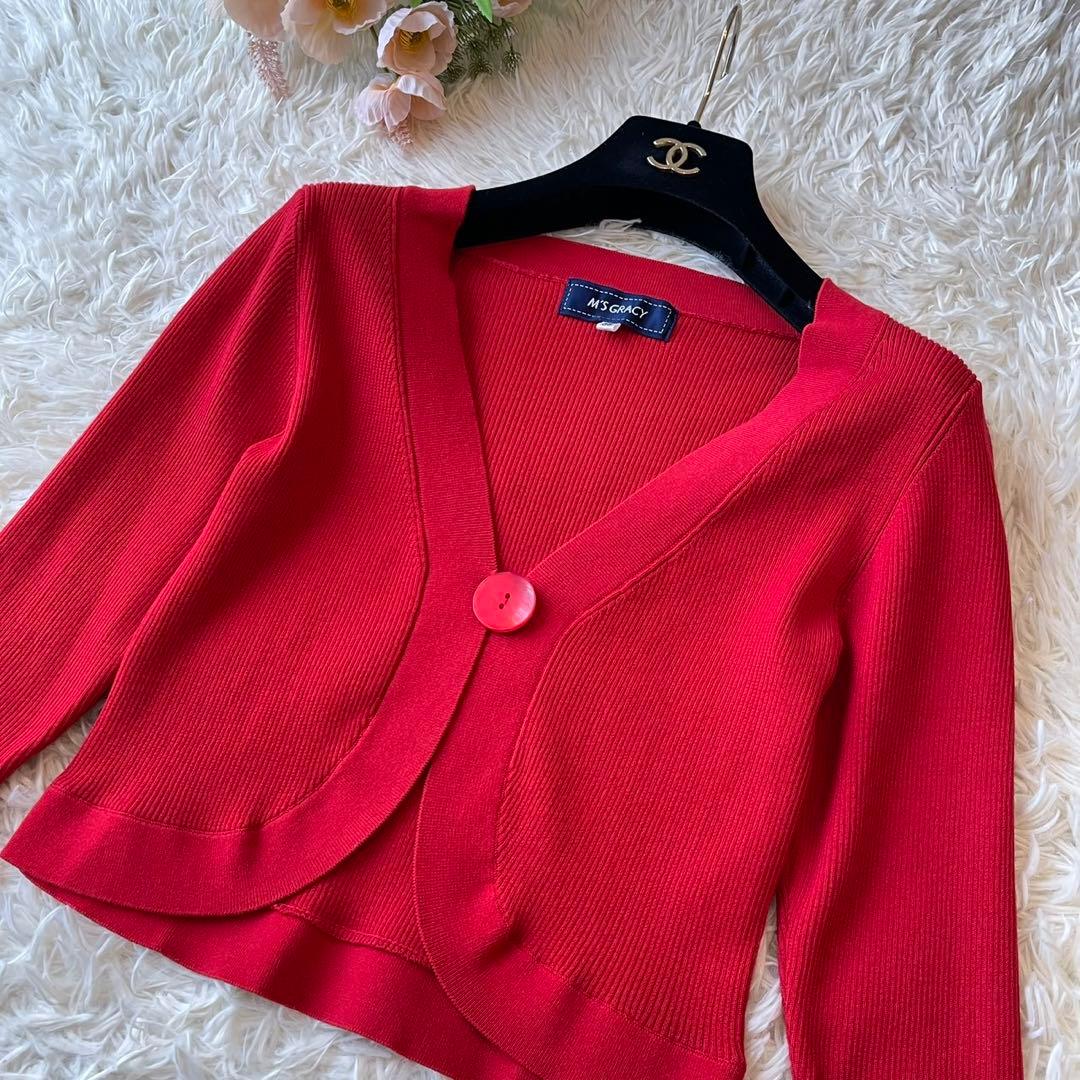 美品 M'S GRACY リブ ニット ボレロ カーディガン レッド 38