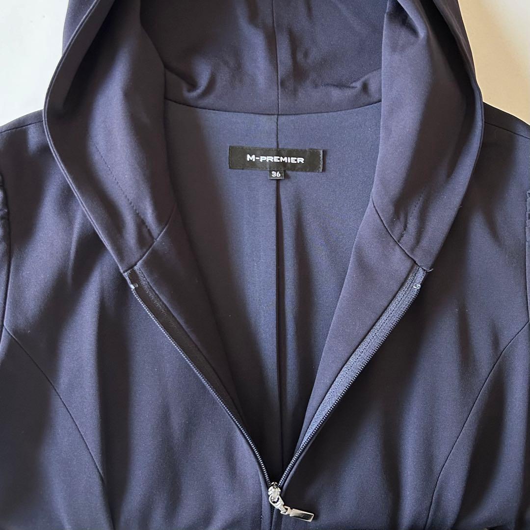 【美品】M-PREMIER 定価3.7万円 フード付きコートワンピース ネイビー