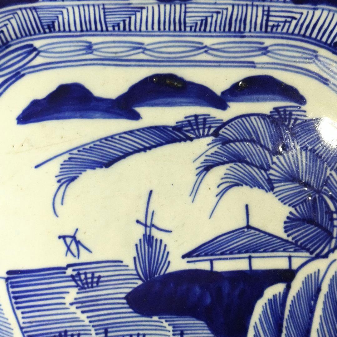 古伊万里 染付大皿34×27.8cm幕末骨董 手描き山水風景文 銘:玩 古美術