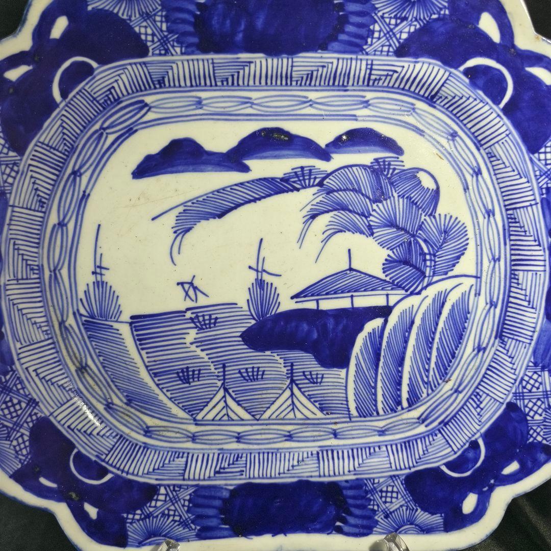 古伊万里 染付大皿34×27.8cm幕末骨董 手描き山水風景文 銘:玩 古美術