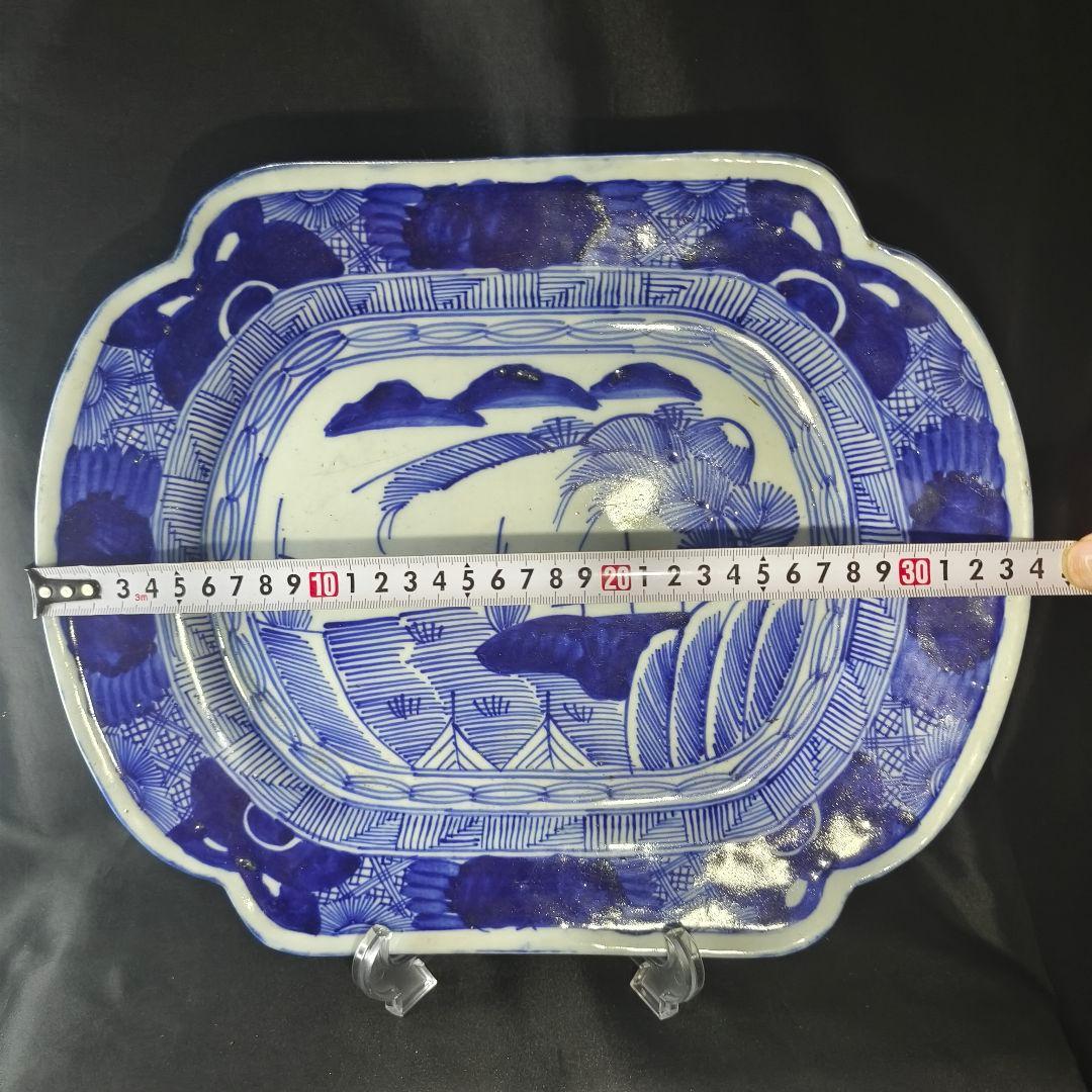 古伊万里 染付大皿34×27.8cm幕末骨董 手描き山水風景文 銘:玩 古美術