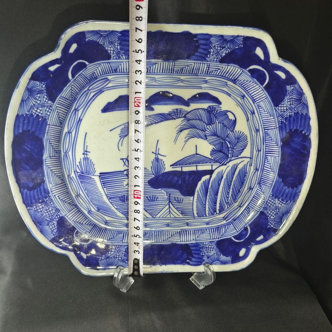 古伊万里 染付大皿34×27.8cm幕末骨董 手描き山水風景文 銘:玩 古美術