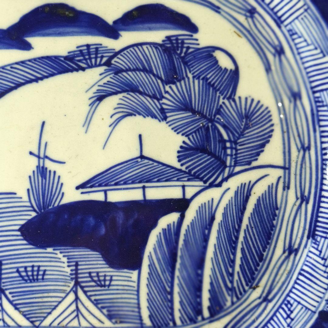 古伊万里 染付大皿34×27.8cm幕末骨董 手描き山水風景文 銘:玩 古美術