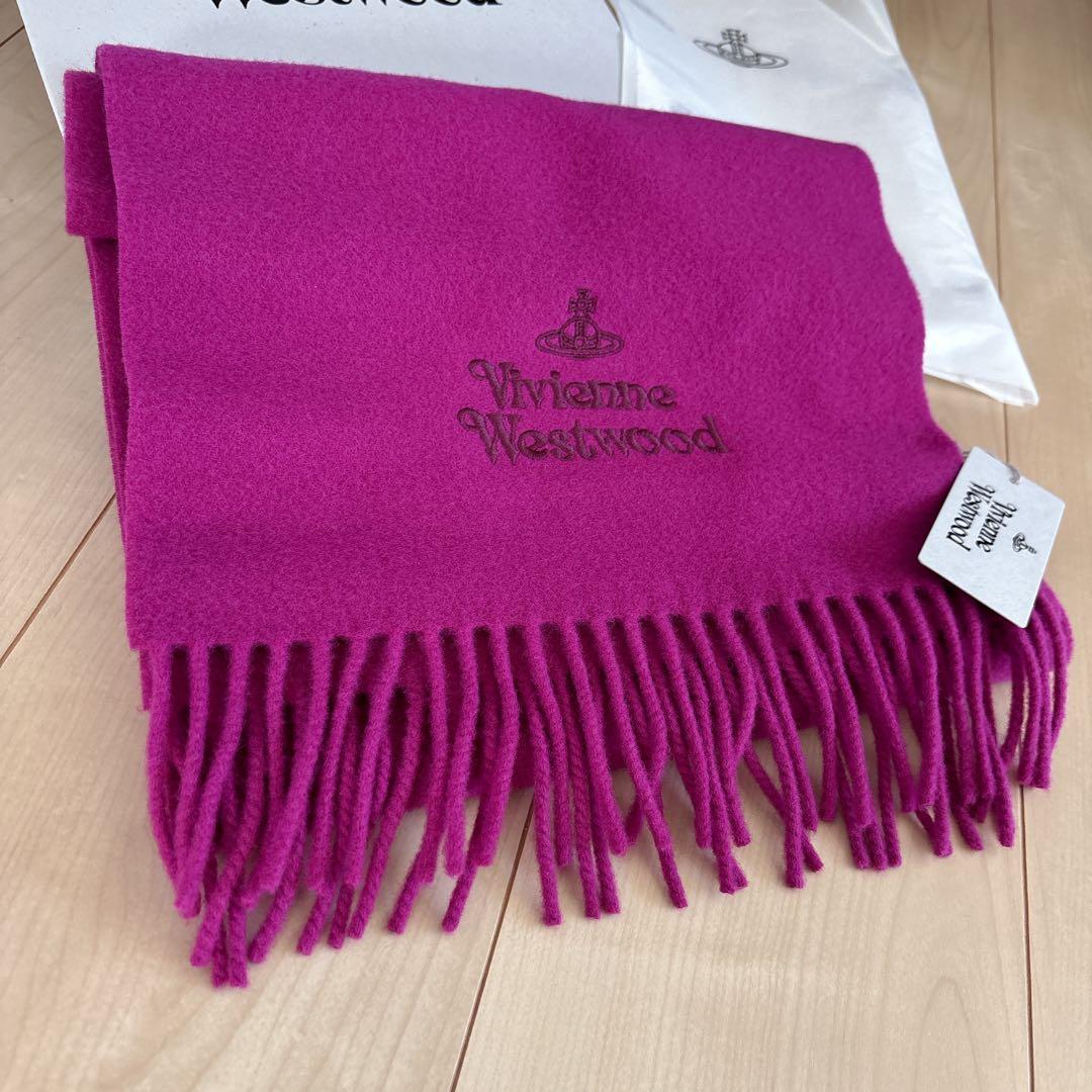 Vivienne Westwood ロゴ刺繍マフラー　ベリーピンクウール100%