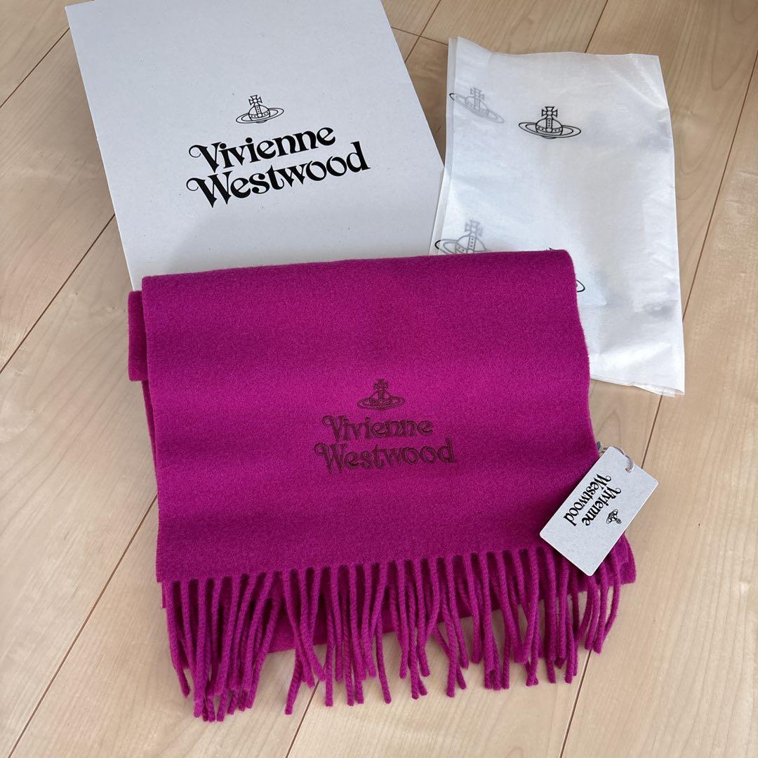 Vivienne Westwood ロゴ刺繍マフラー　ベリーピンクウール100%