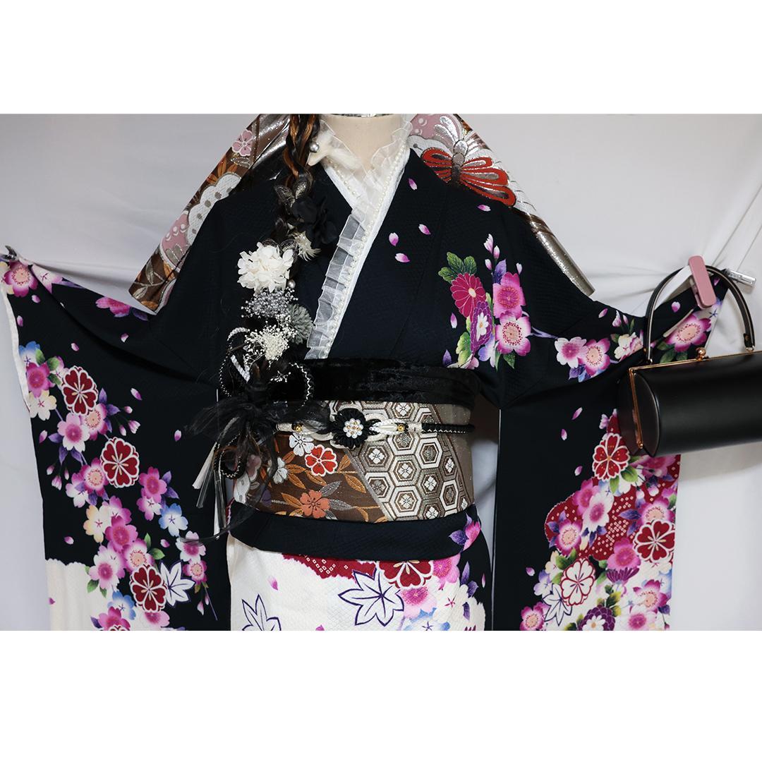 シ*ー様 振袖単体◆処分 特価品157cm◆正絹成人式前撮り黒ブラック白生成りO