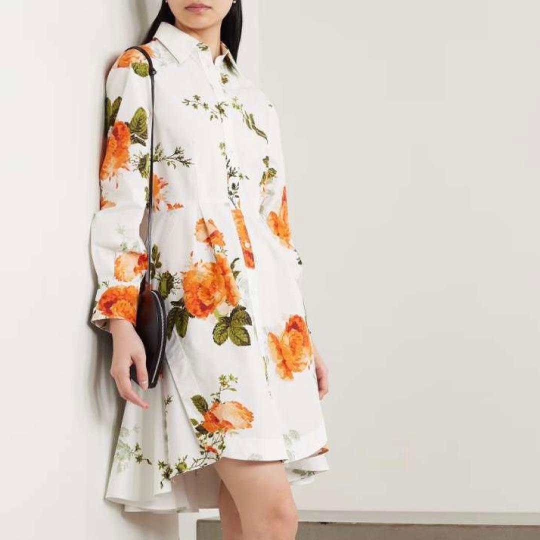 美品 アーデム ERDEM コットン シャツワンピース ドレス 花柄 ひざ丈