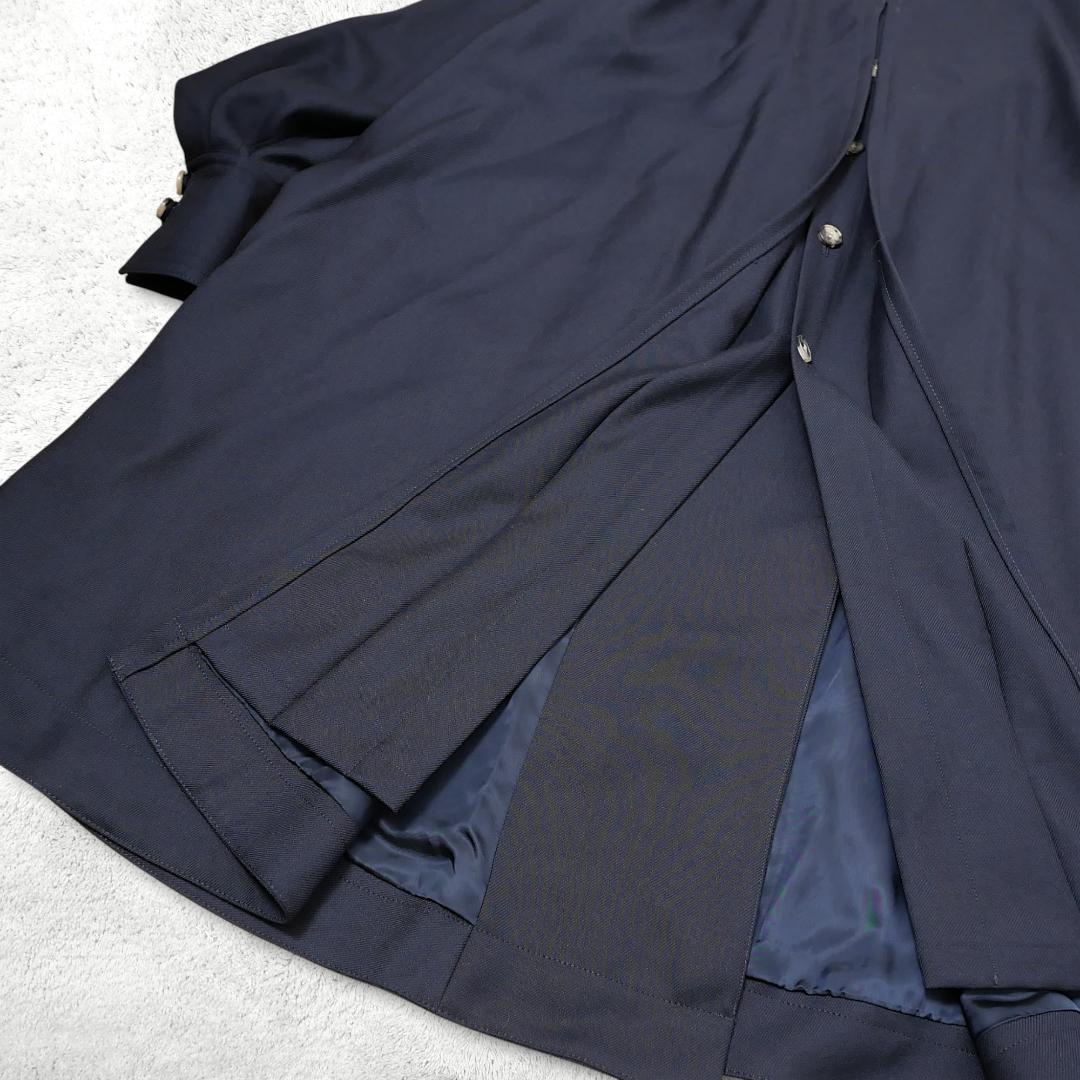 美品【ELIN】ノーカラーコート 36 ウール ボリューム袖 Aライン 濃紺