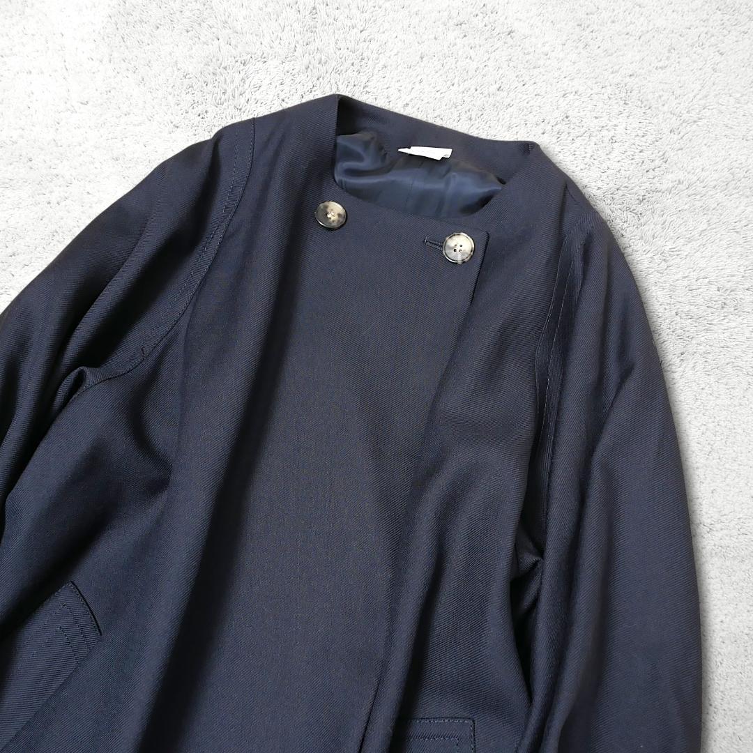 美品【ELIN】ノーカラーコート 36 ウール ボリューム袖 Aライン 濃紺