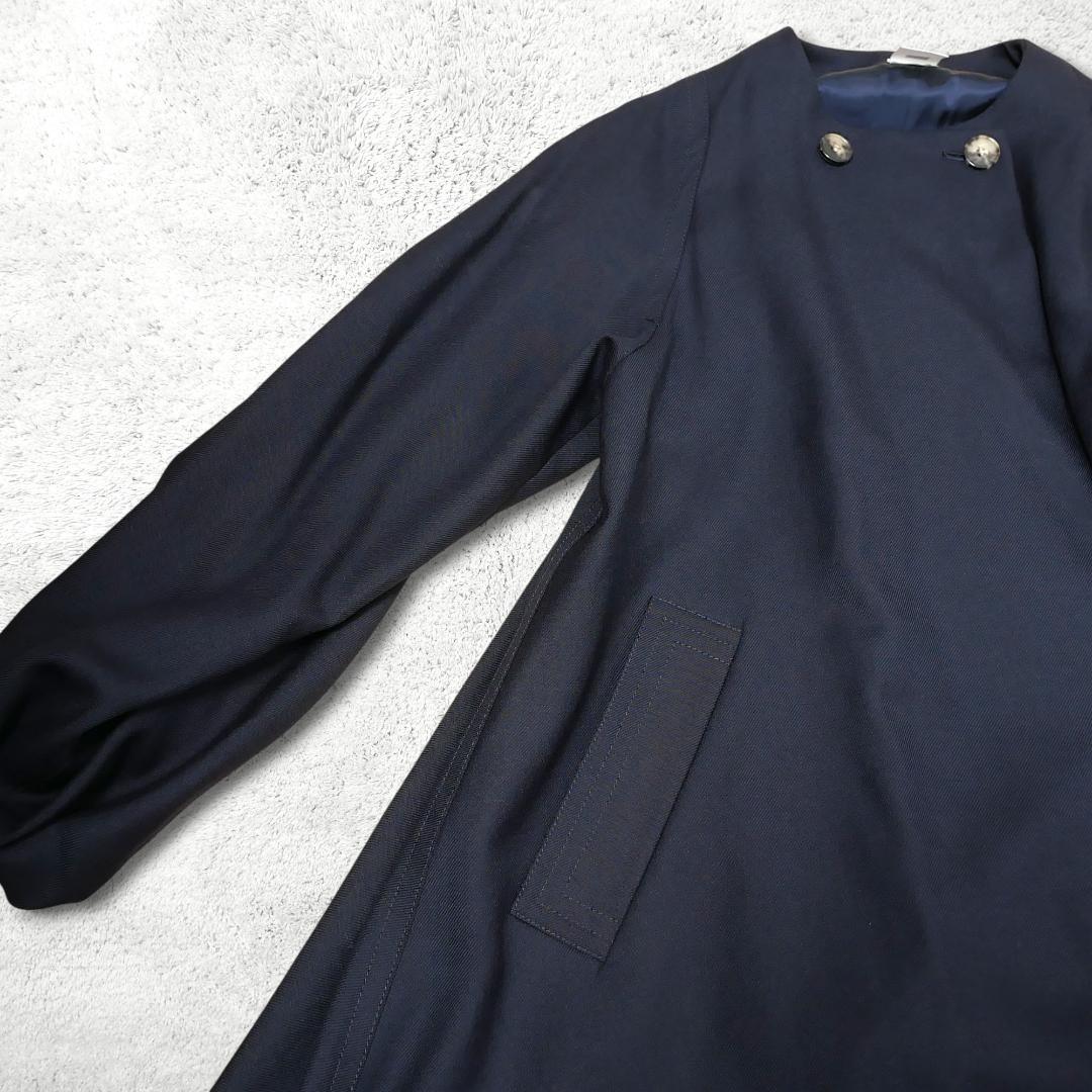 美品【ELIN】ノーカラーコート 36 ウール ボリューム袖 Aライン 濃紺
