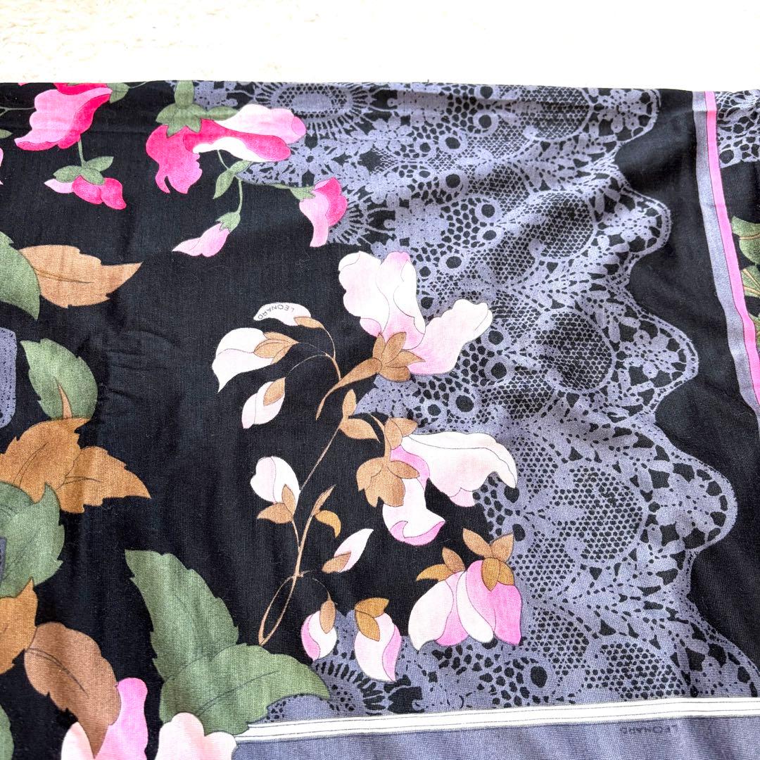✨美品✨ レオナール シルク ウール ストール ショール 花柄 フラワー 黒