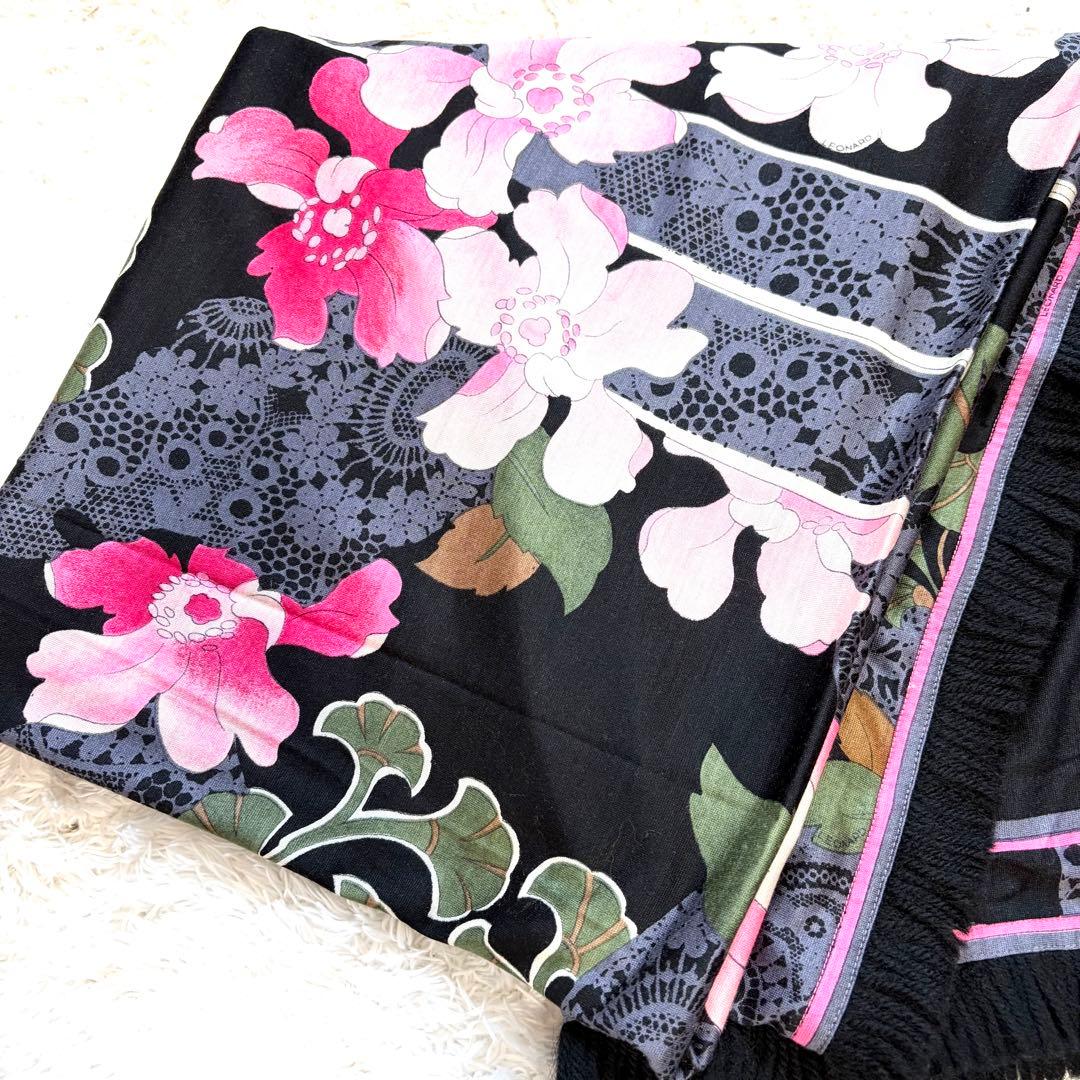 ✨美品✨ レオナール シルク ウール ストール ショール 花柄 フラワー 黒