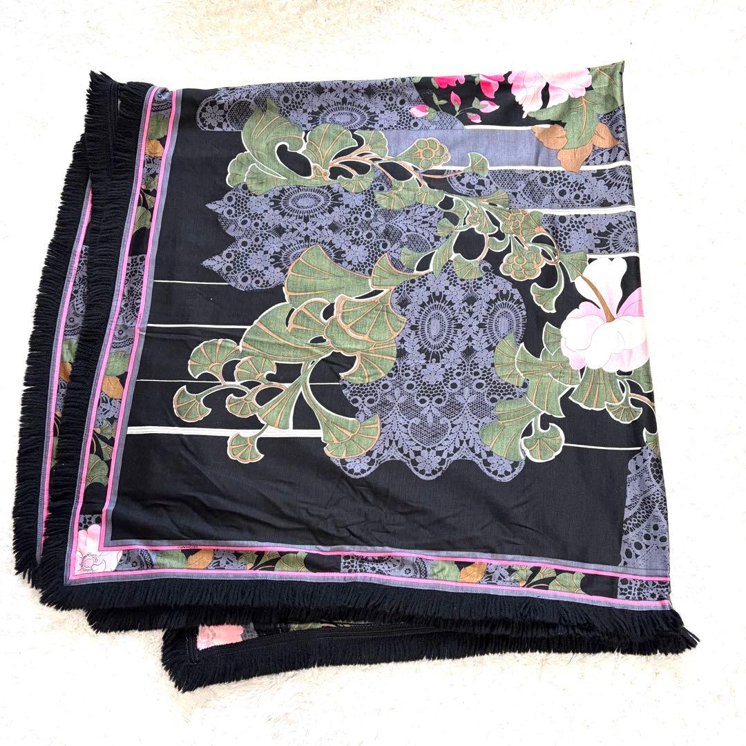 ✨美品✨ レオナール シルク ウール ストール ショール 花柄 フラワー 黒