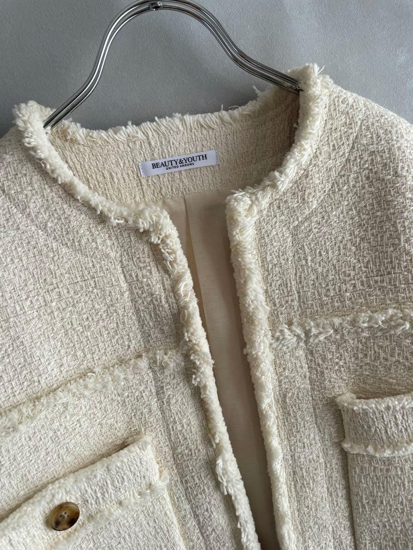 極美品✨ビューティ&ユース　コットンツイードノーカラージャケット　ゆったりS