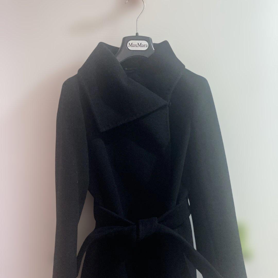 MaxMara 黒 ロングコート ウエストベルト付き