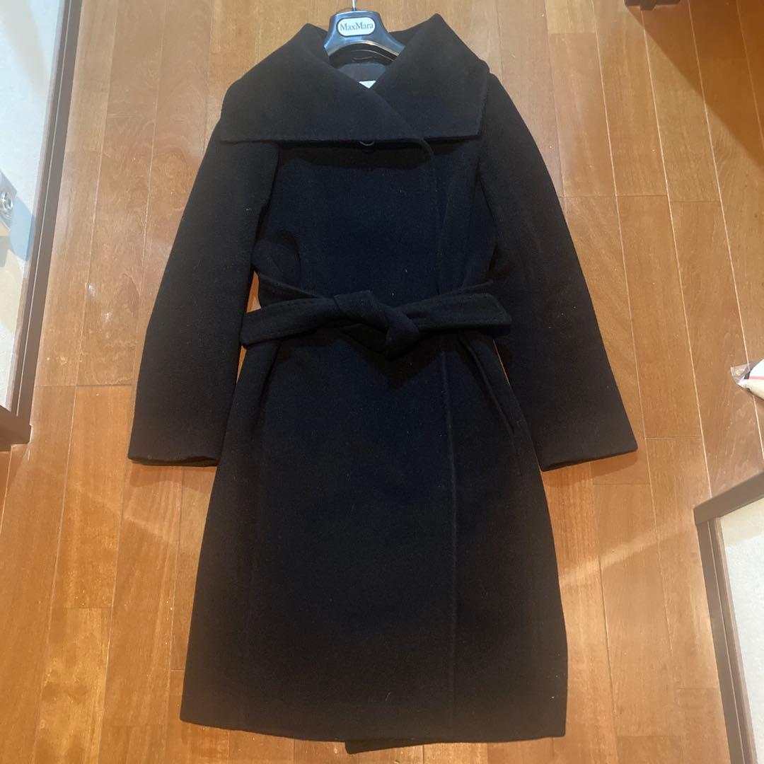 MaxMara 黒 ロングコート ウエストベルト付き