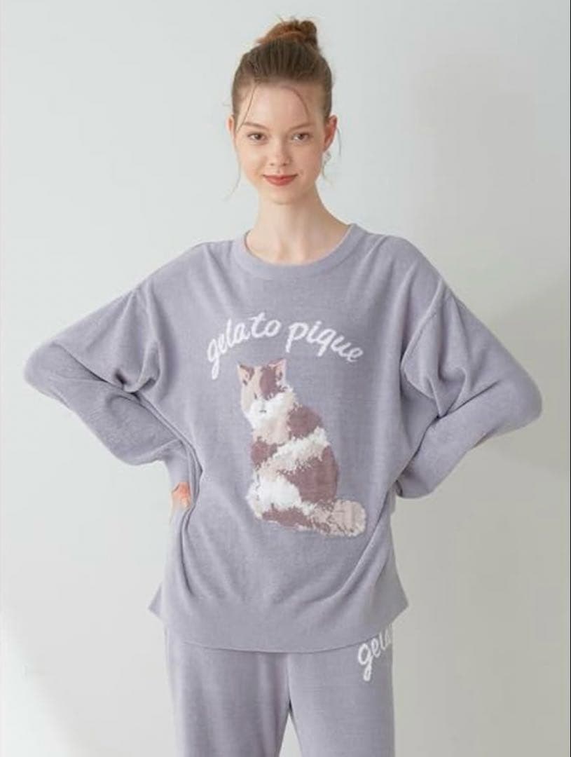 ジェラートピケ　ねこ　プルオーバー　ロングパンツ