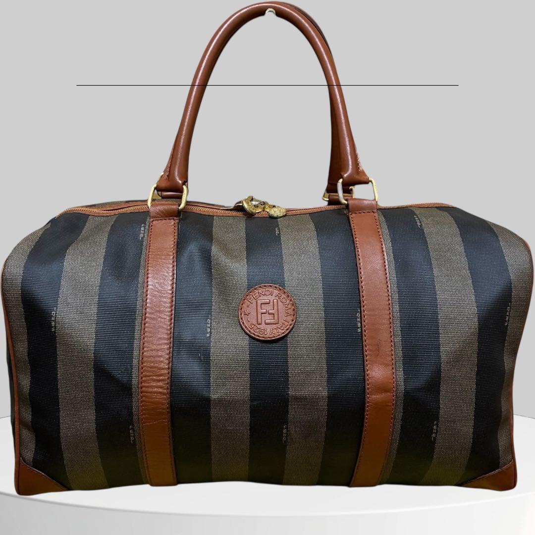 美品 FENDI フェンディ ペカン ボストンバッグ 南京錠 PVCレザー 黒茶
