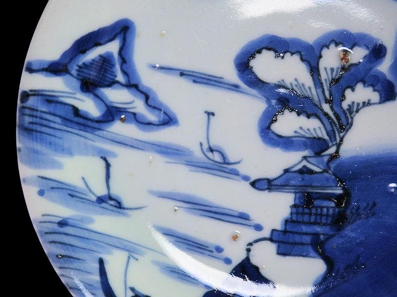 古伊万里　染付　山水楼閣の図　６寸皿　C163 AS-CZg