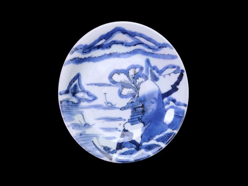 古伊万里　染付　山水楼閣の図　６寸皿　C163 AS-CZg