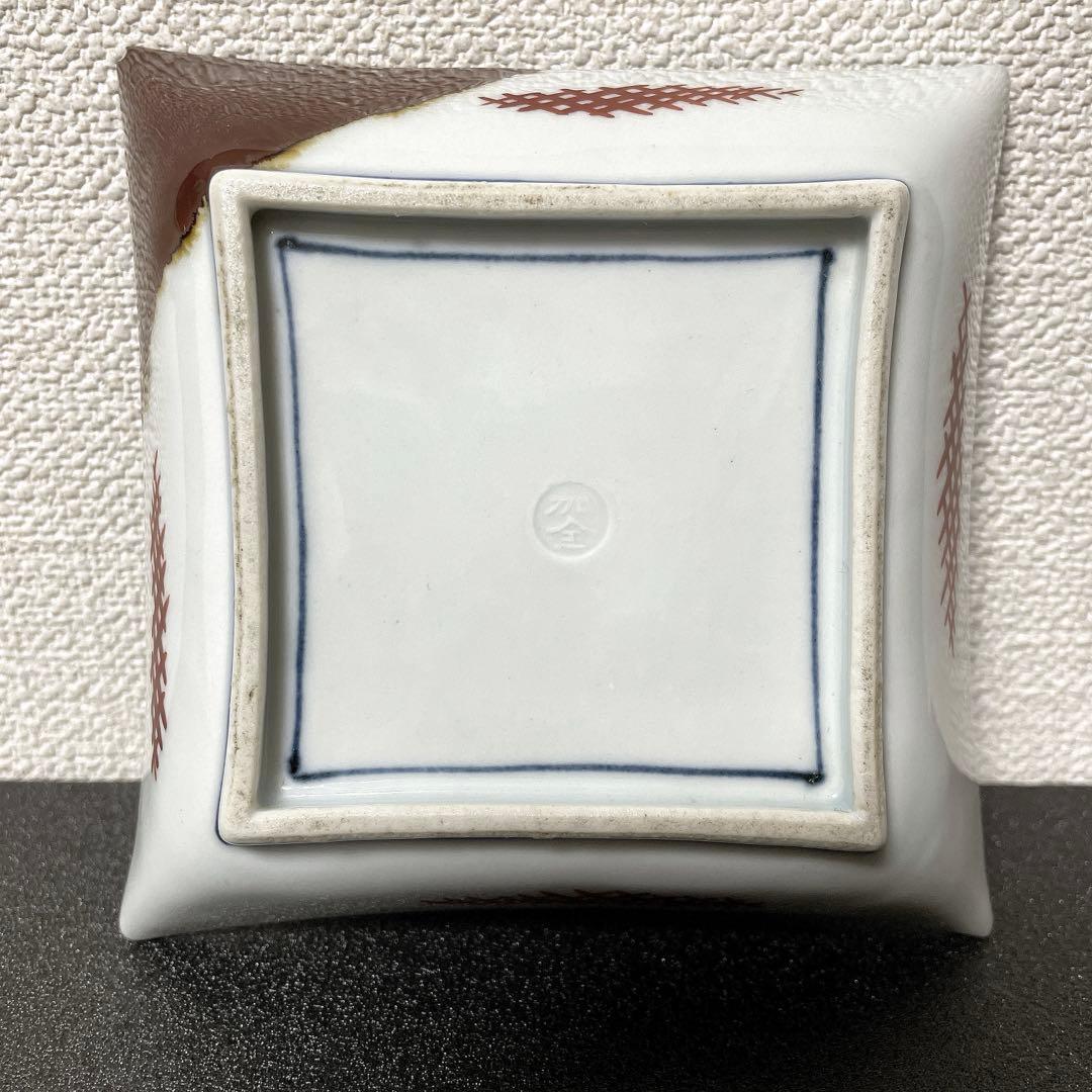 初代　滝口加全　　「椿絵」角皿　染付　共箱　九谷焼　【骨董】