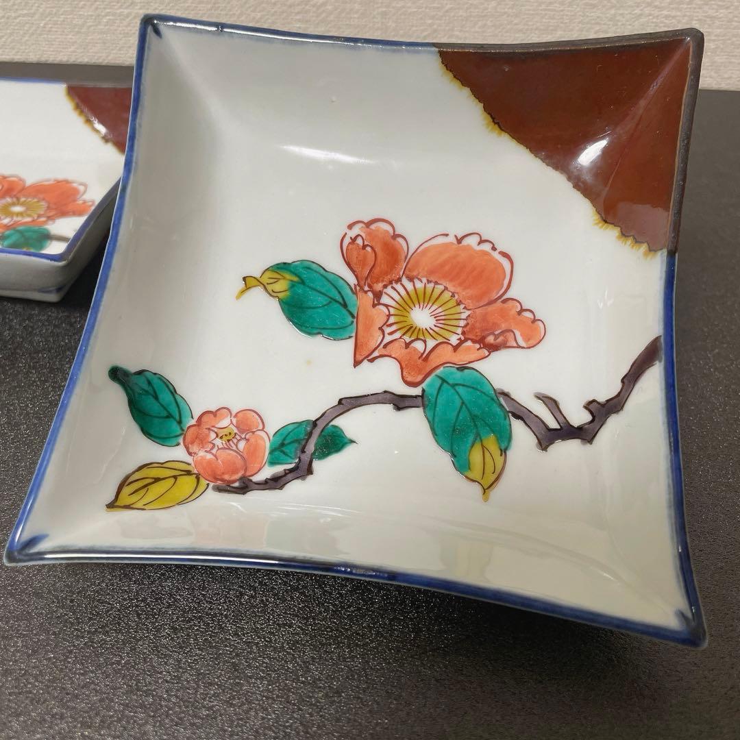 初代　滝口加全　　「椿絵」角皿　染付　共箱　九谷焼　【骨董】