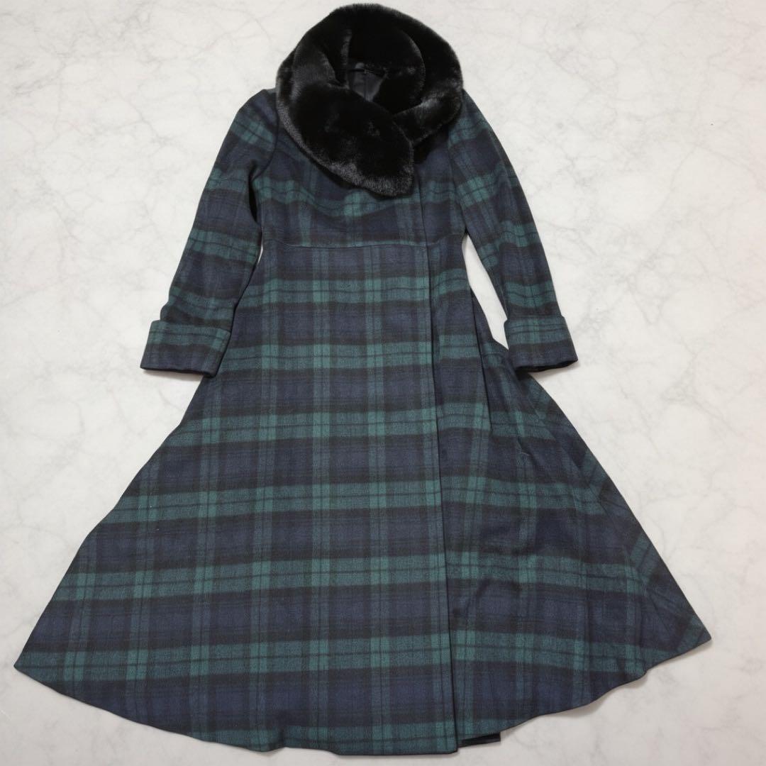 超美品　訳あり　JENNE ブラックウォッチロングコート　ファー