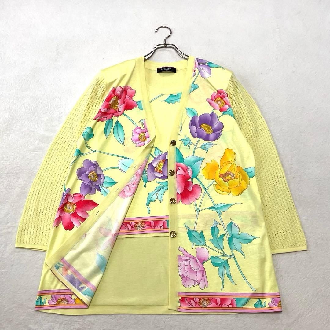 【美品】レオナール アンサンブル トリム 花柄 透かし袖 金ボタン イエロー М