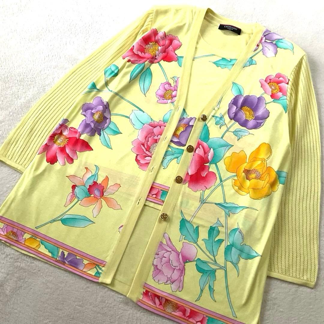 【美品】レオナール アンサンブル トリム 花柄 透かし袖 金ボタン イエロー М