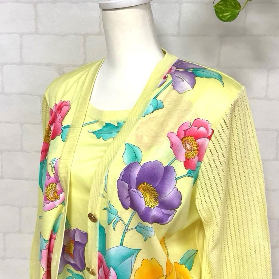 【美品】レオナール アンサンブル トリム 花柄 透かし袖 金ボタン イエロー М