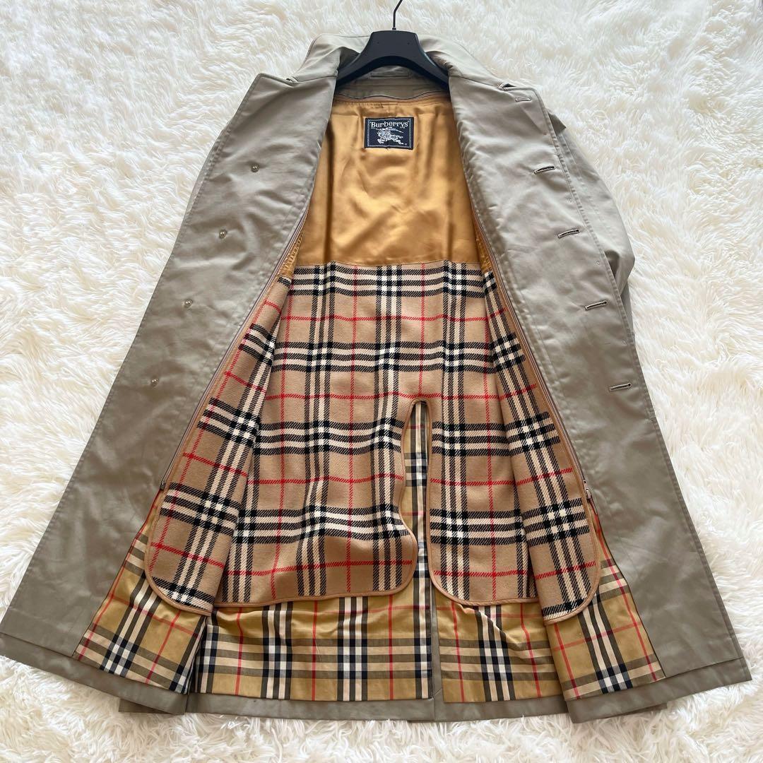 美品　バーバリー　比翼　ステンカラーコート　ライナー付き　ノバチェック　カーキ