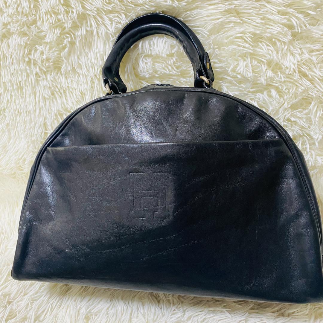 ヒロフ HIROFU 牛革 黒　ハンドバッグ イタリア製　Hロゴ　ゴールド金具