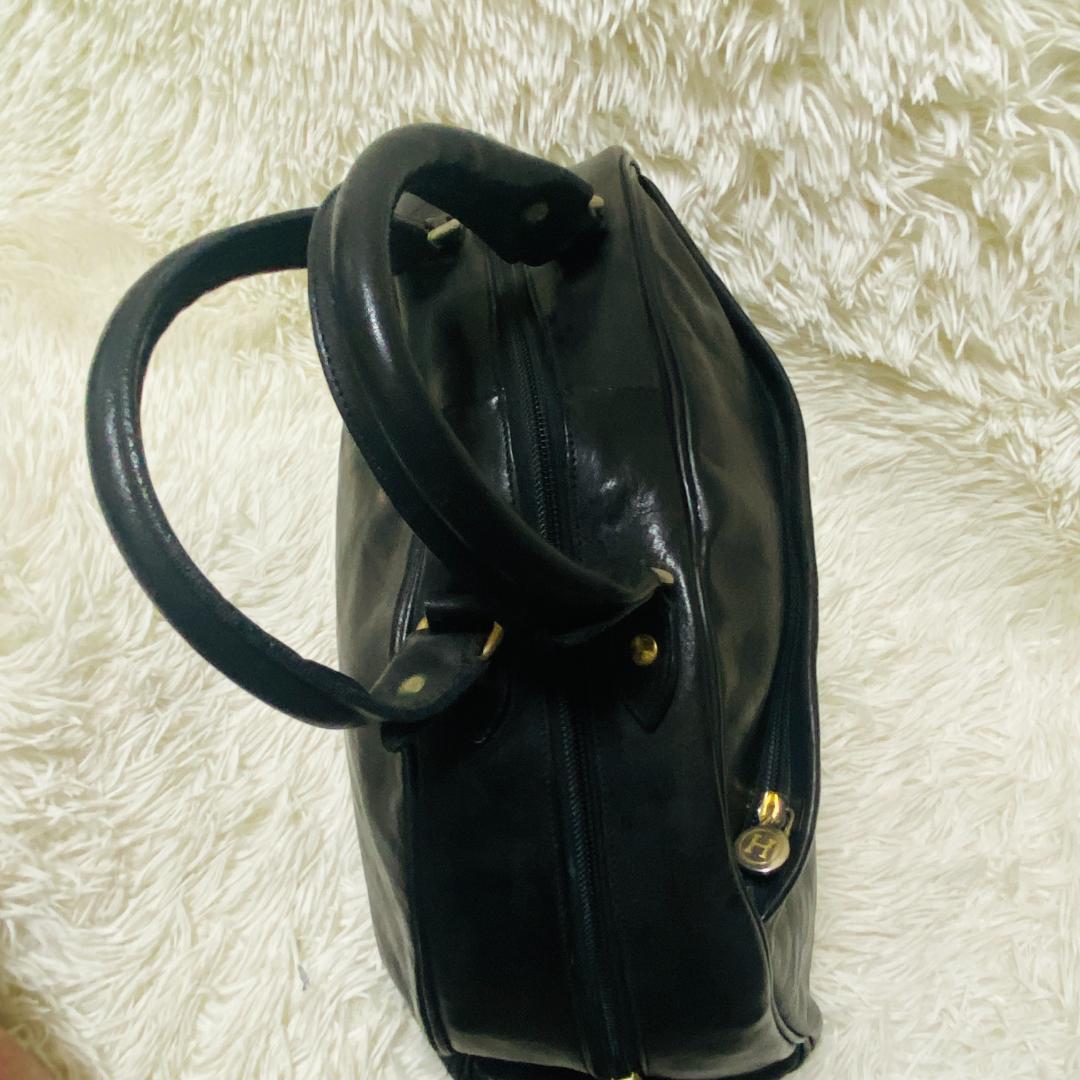 ヒロフ HIROFU 牛革 黒　ハンドバッグ イタリア製　Hロゴ　ゴールド金具