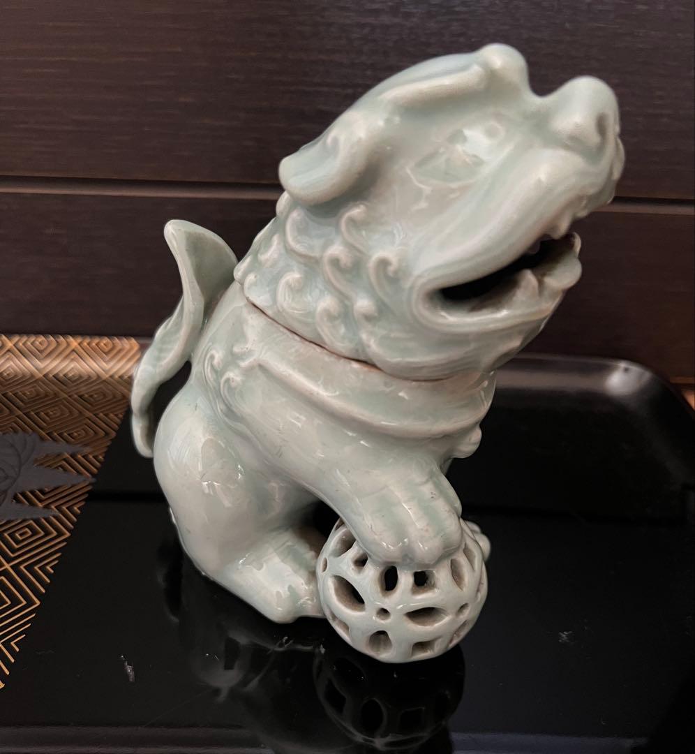 江戸期 鍋島焼 青磁獅子型置物 香炉