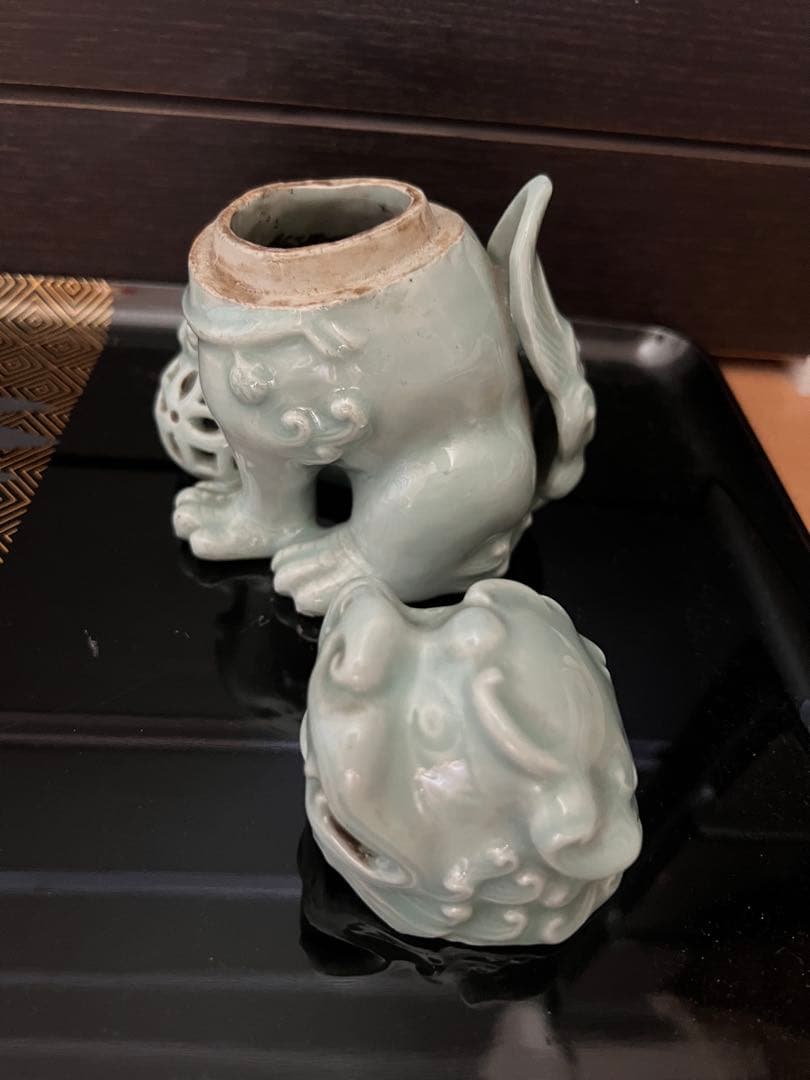 江戸期 鍋島焼 青磁獅子型置物 香炉