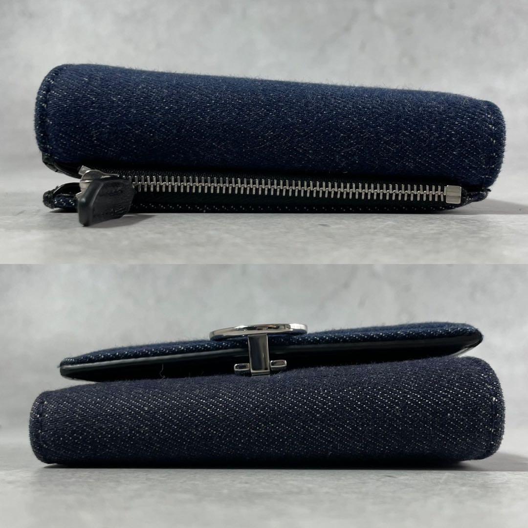 【未使用級】ブルガリ デニム 三つ折り 財布 サークルロゴ レザー インディゴ