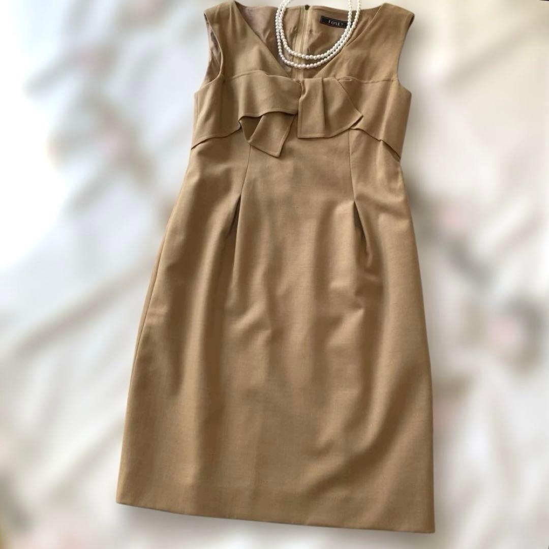 FOXEYフォクシー ベージュ ノースリーブ Vネックワンピース 胸元リボン42