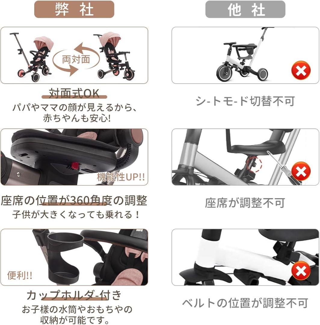 子供用 三輪車 7in1 手押し棒付き 折りたたみ ピンク 新品