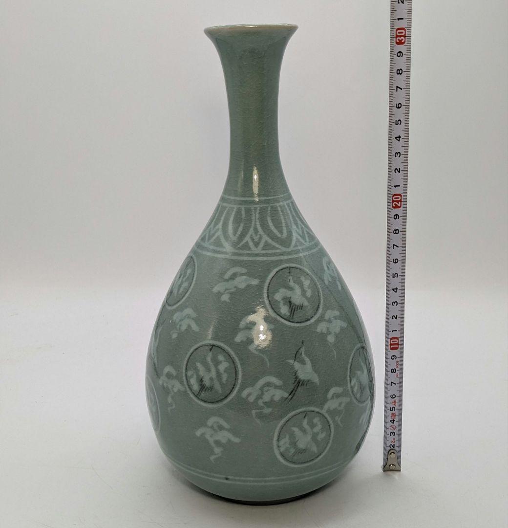 芸林陶芸 申根洙 作 象嵌丸紋雲鶴文青磁花瓶 共箱 鶴首 花器 フラワーベース