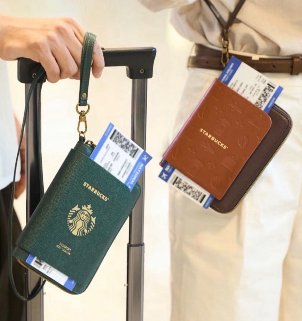スターバックス パスポートケース ブラウン系／航空券収納・ネックストラップ付き