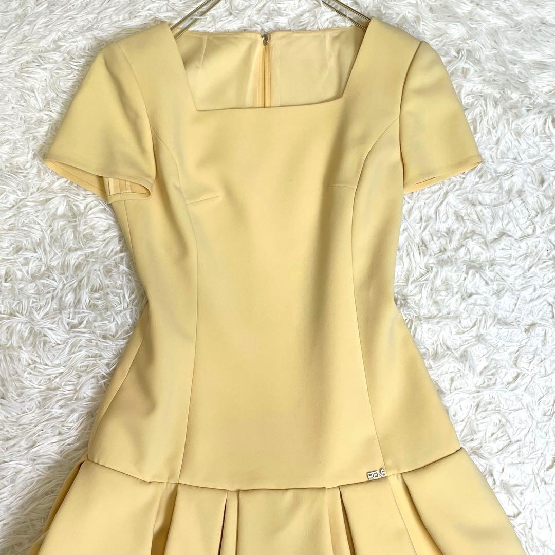 美品✨️ルネ ひざ丈ワンピース フレアワンピース パール ロゴ イエロー 34