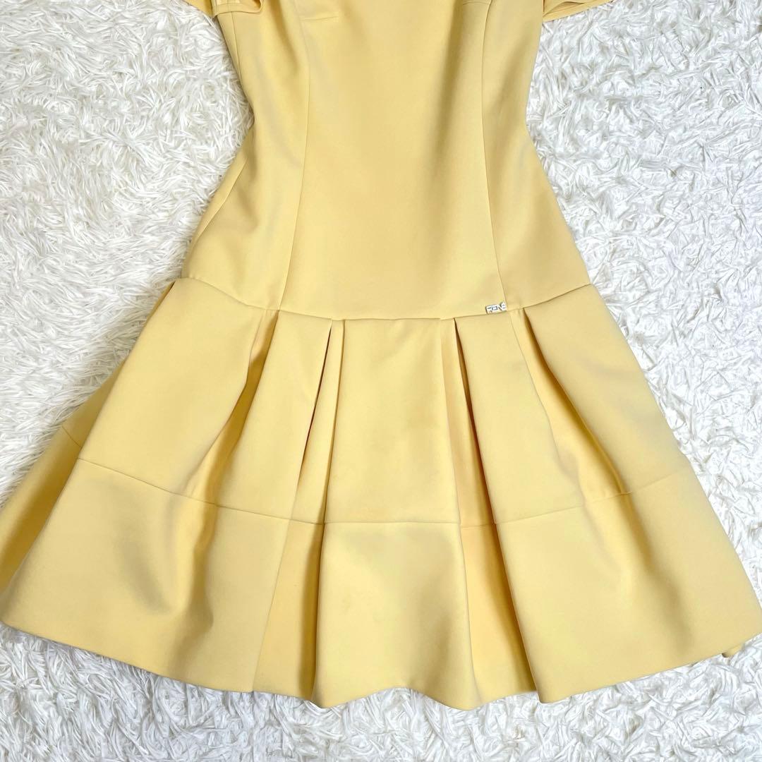 美品✨️ルネ ひざ丈ワンピース フレアワンピース パール ロゴ イエロー 34