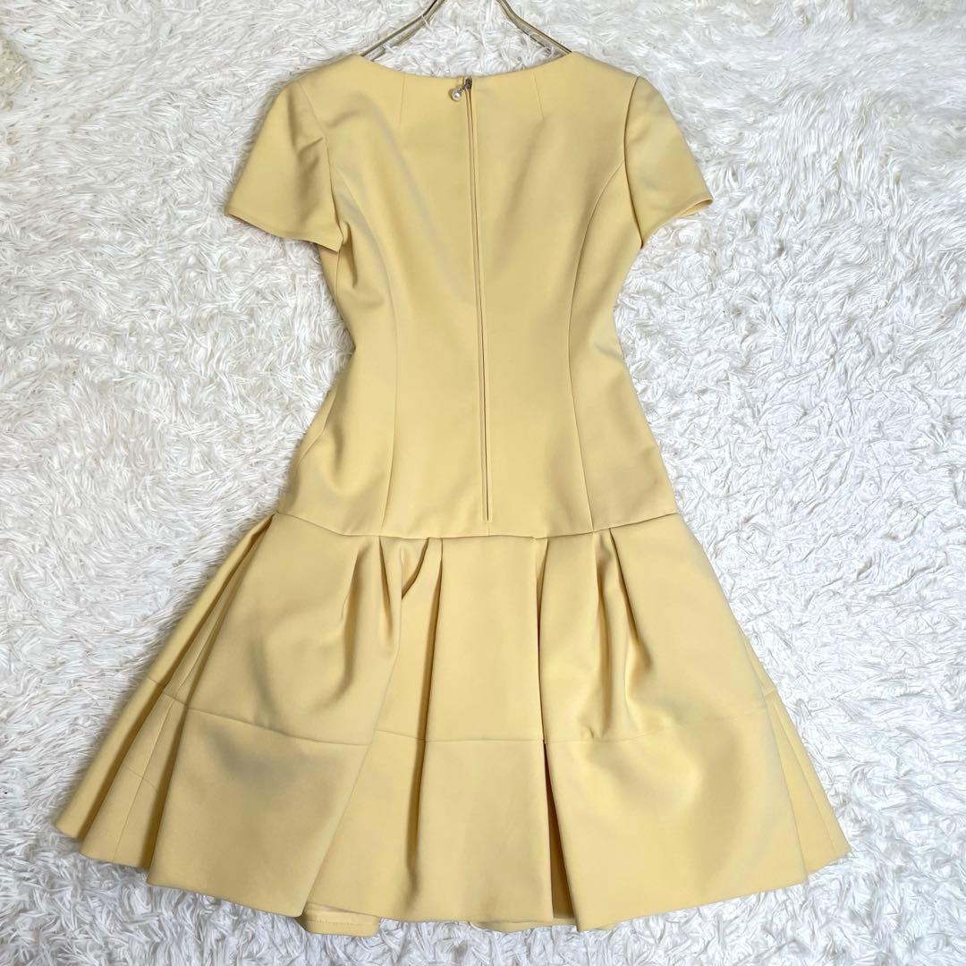 美品✨️ルネ ひざ丈ワンピース フレアワンピース パール ロゴ イエロー 34