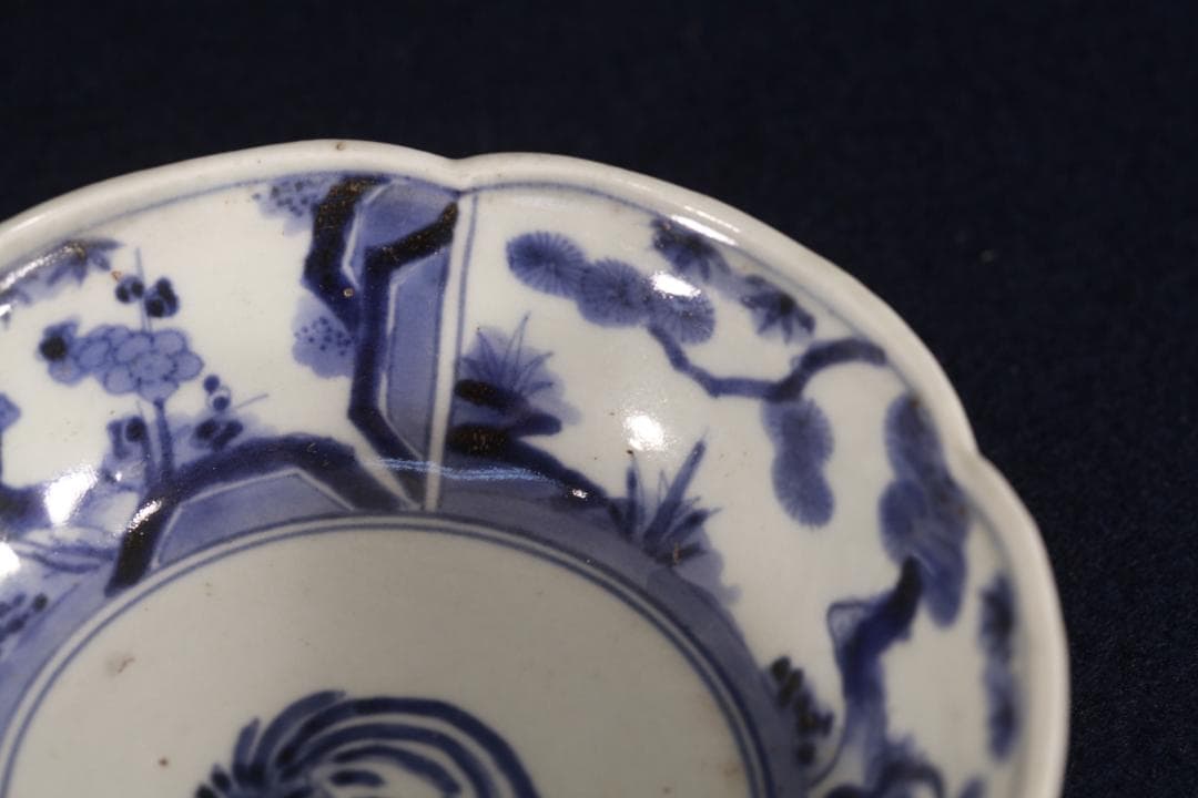 310　古伊万里上手染付角福銘松竹梅くらわんか中皿　無疵美品　江戸中期