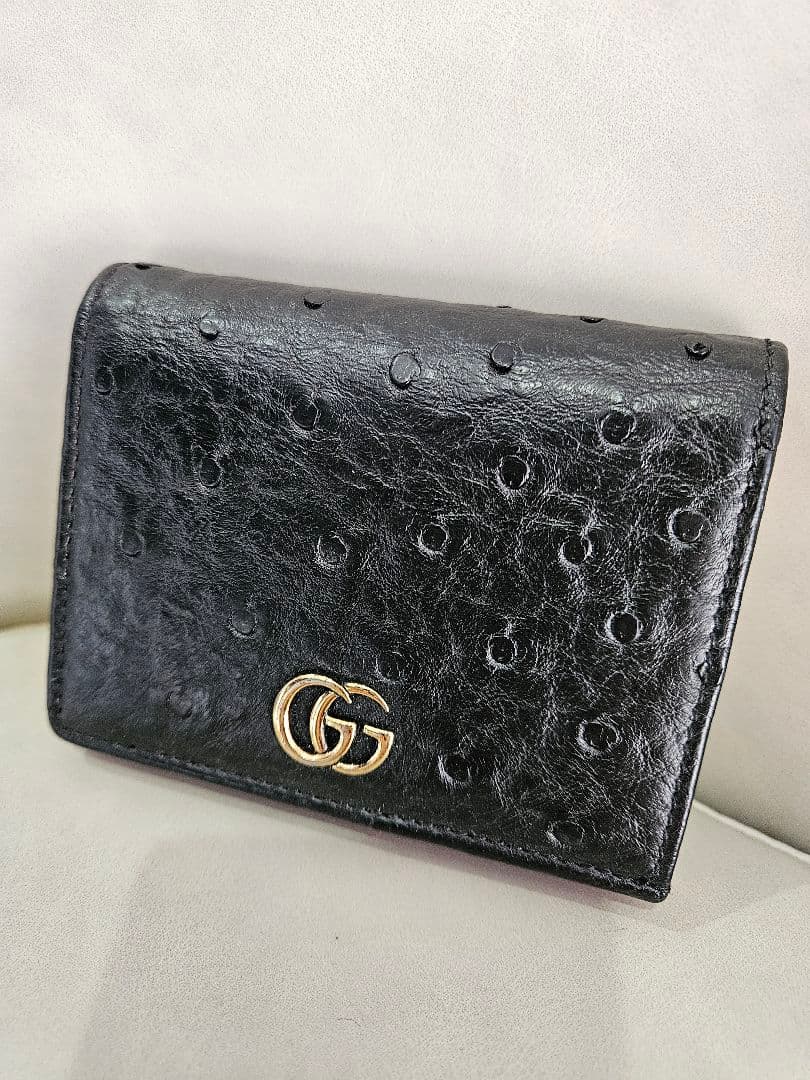 オーストリッチ　GUCCI 二つ折り財布 ブラック パープル　ggマーモント